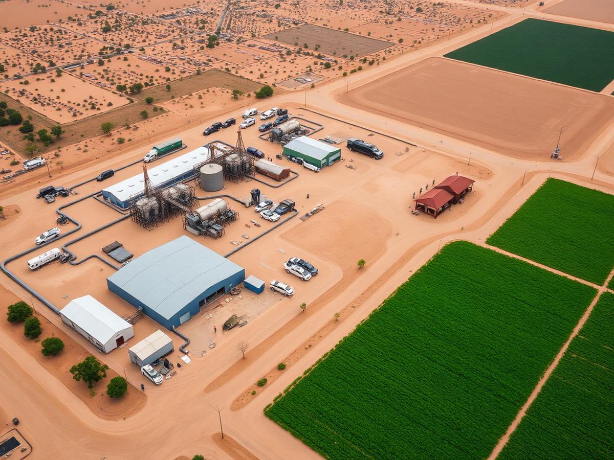Agricultural processing facility beside irrigated farmland