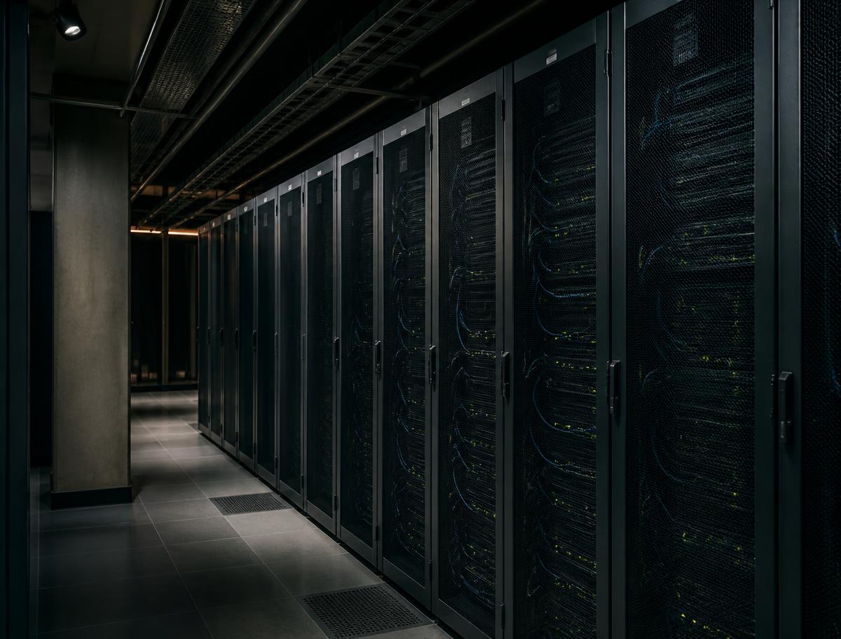 Row of server racks inside a modern data centre