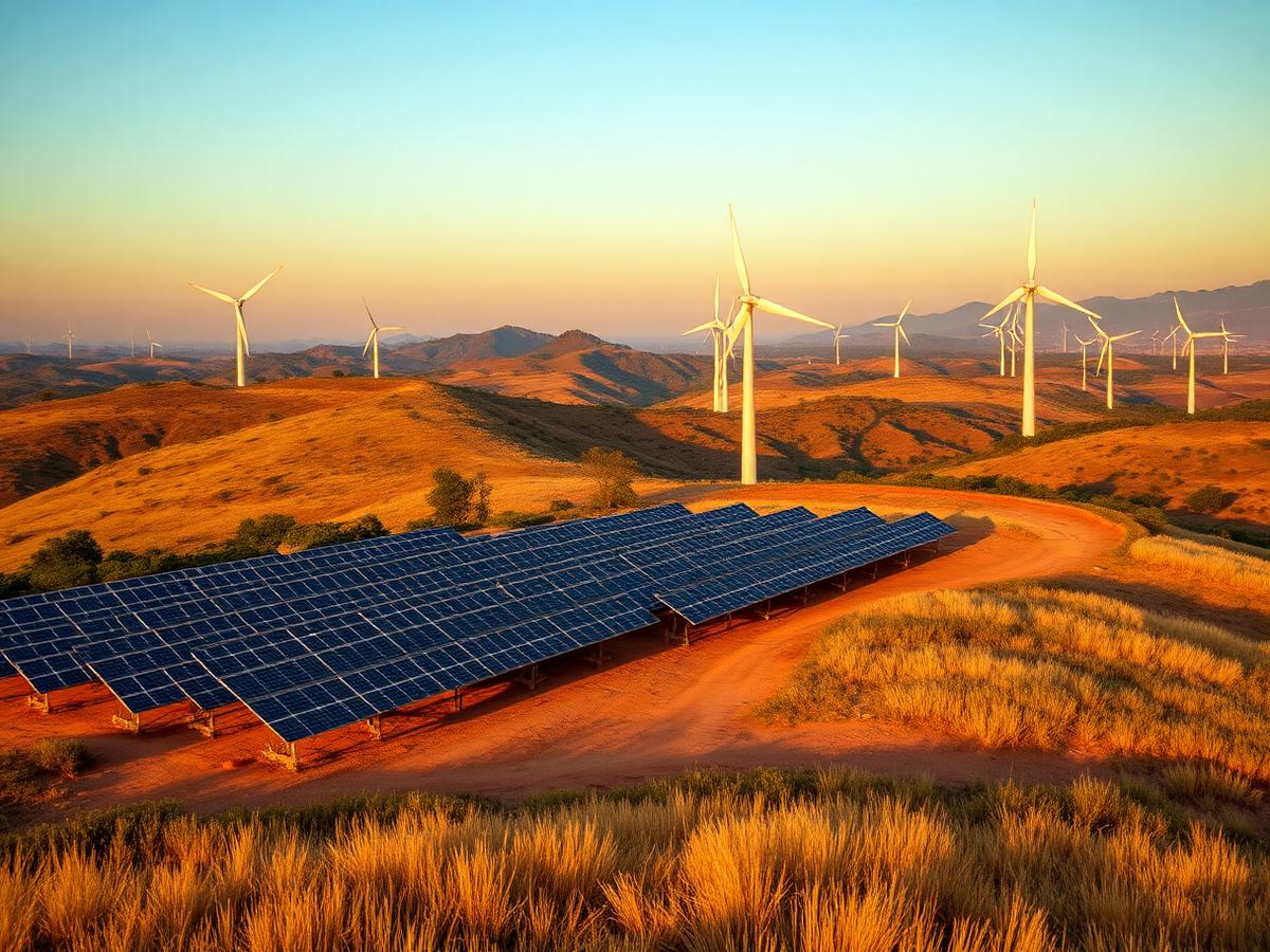 Solar arrays and wind turbines on an African highland plateau
